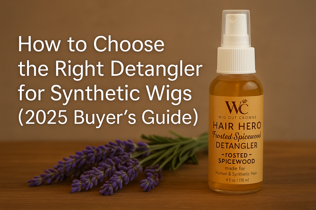 Hair Hero Frosted Spicewood Detangler bottle displayed on a wooden surface with lavender sprigs, featured as the main image for a 2025 buyer’s guide on choosing the best synthetic wig detangler.