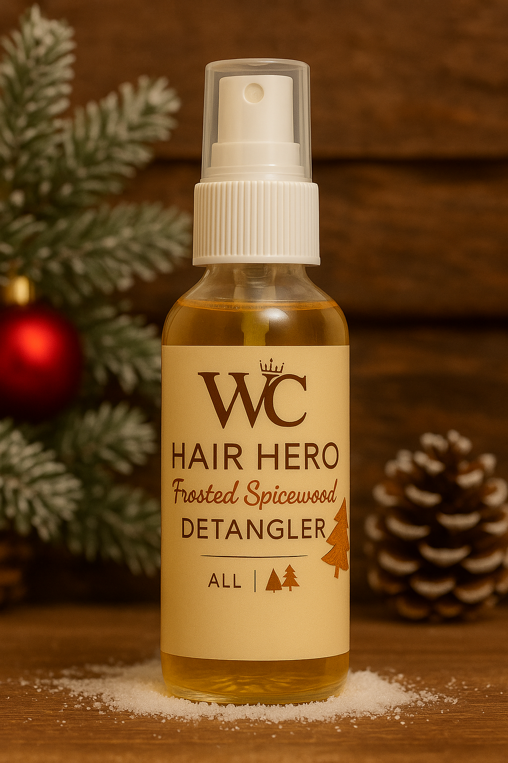 A bottle of WC Hair Hero Organic Detangler placed on a rustic winter cabin background with snow, warm wooden textures, and subtle holiday lighting.