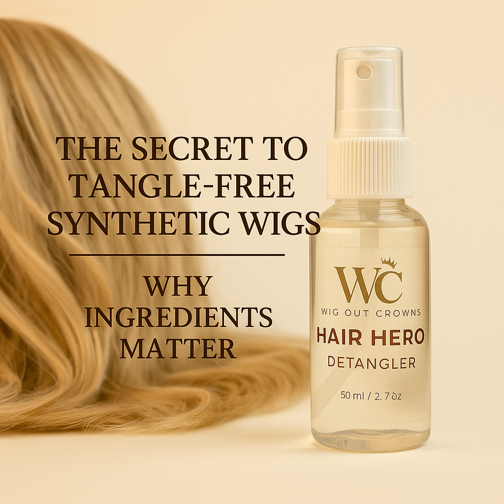Ingredients for synthetic wig care including aloe vera gel, glycerin, and essential oils displayed beside blonde and brunette synthetic wigs, representing a 2025 guide on preventing tangles and improving wig health.