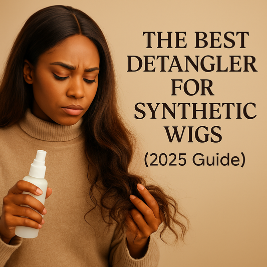 Hair Hero detangler with wig care tools and synthetic wig strands on a neutral background – hero image for guide on the best detangler for synthetic wigs.