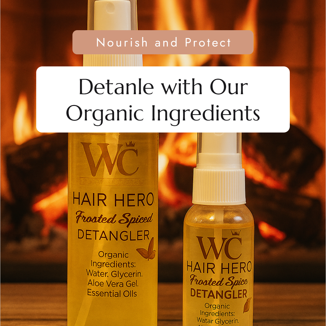 Two bottles of Wig Out Crowns Hair Hero Frosted Spice Detangler with a fireplace in the background.