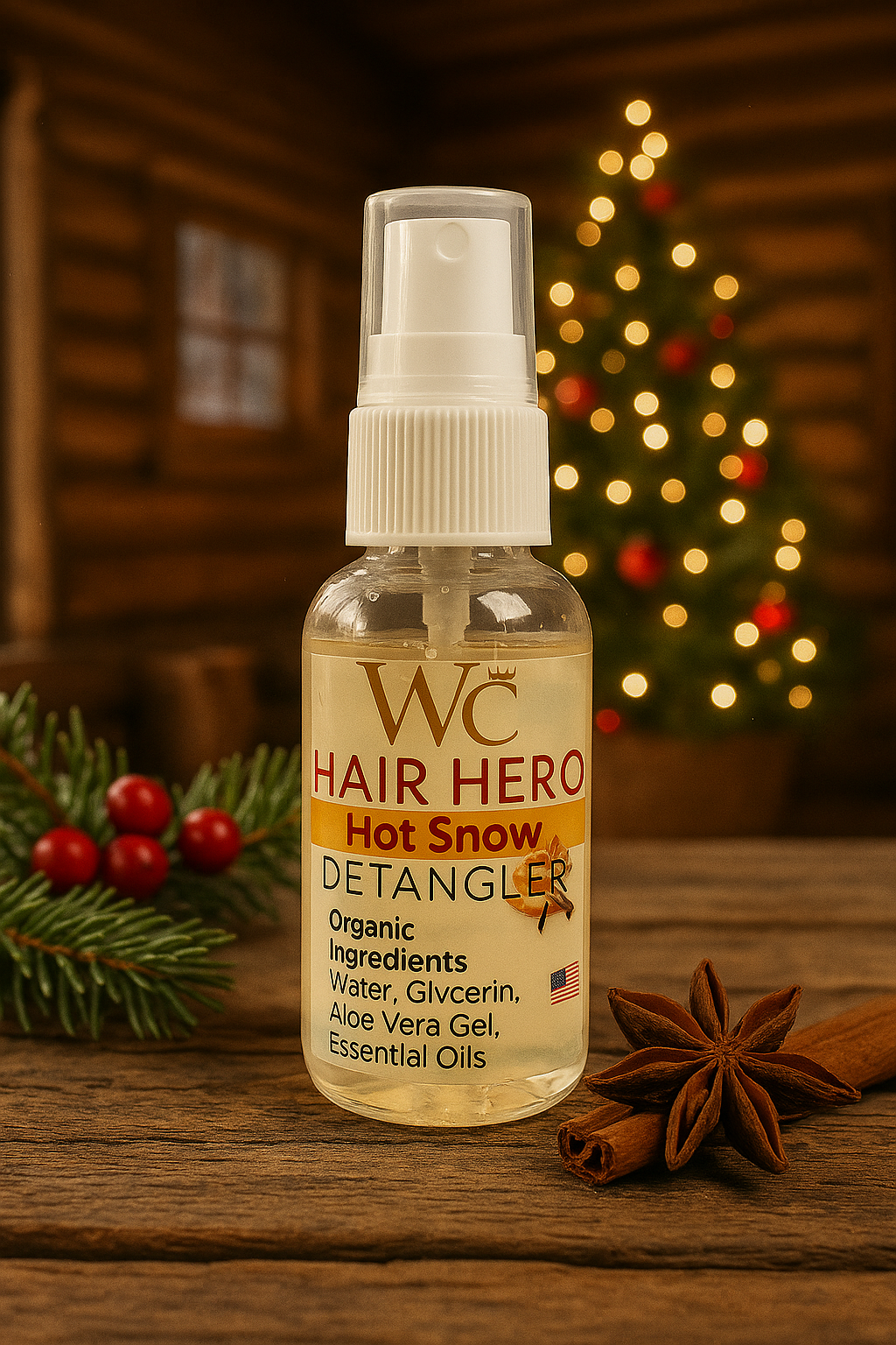 Hair detangler bottle labeled 'Hair Hero' on a wooden surface with a Christmas tree in the background.