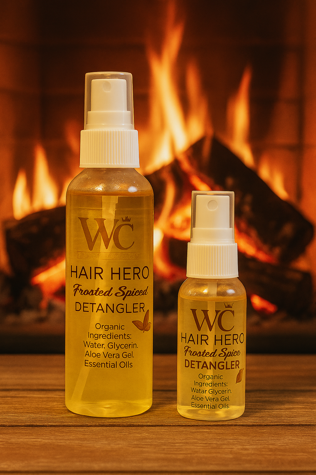 Two bottles of WC Hair Hero Frosted Spiced Detangler on a wooden surface with a fireplace in the background.