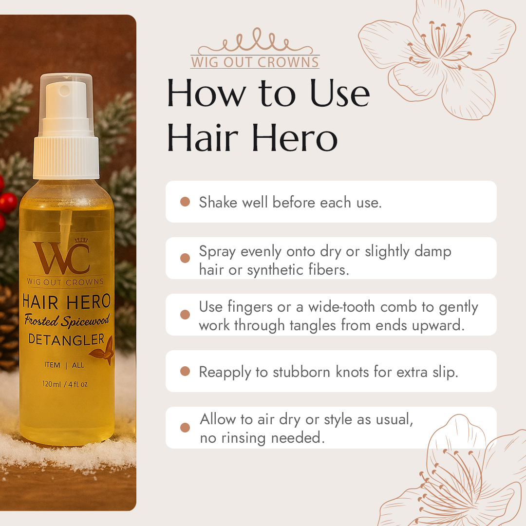 Hair Hero detangler spray bottle with usage instructions on a decorative background